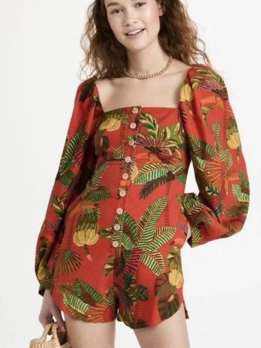 FARM Rio Size L Red Forest Birds Tropical Puff Sleeve Romper NWOT